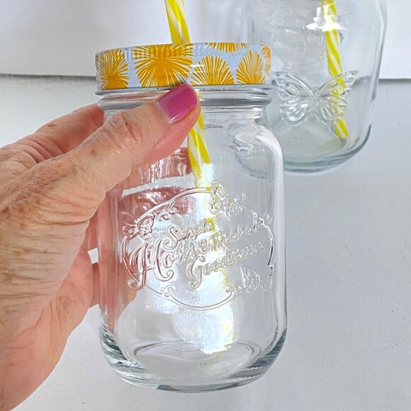 Lemonade Glasses Set Of 2 With Yellow Floral Screw-On Lids Reusable Straws 16 Oz - Picture 2 of 7